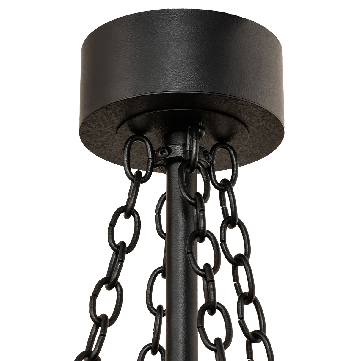 Close-up of canopy and hanging chains in matching black satin finish.