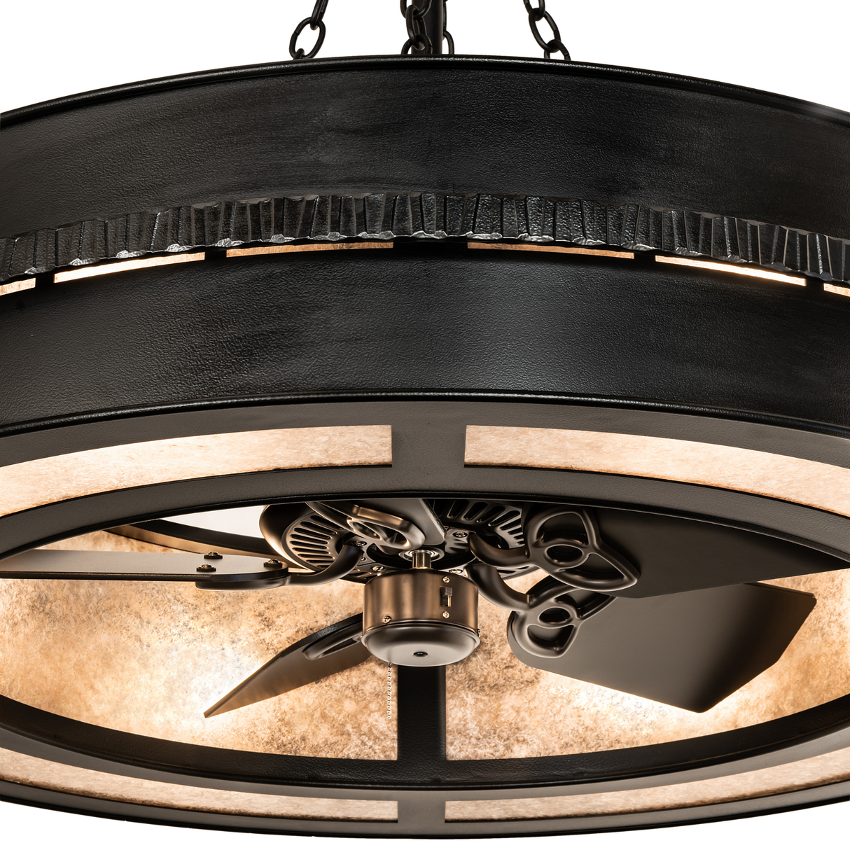 Close-up showing intricate fan detail and hammered iron craftsmanship.