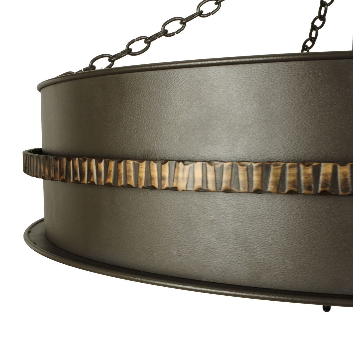 Detail view of hammered copper band and textured metal edge.