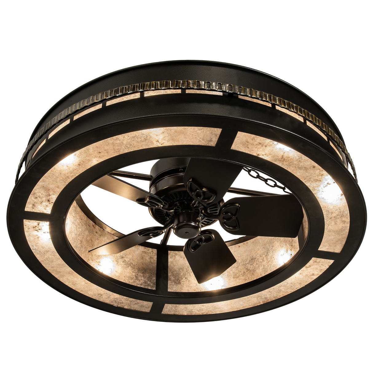 Lit bottom view with glowing mica ring and centered fan blades.