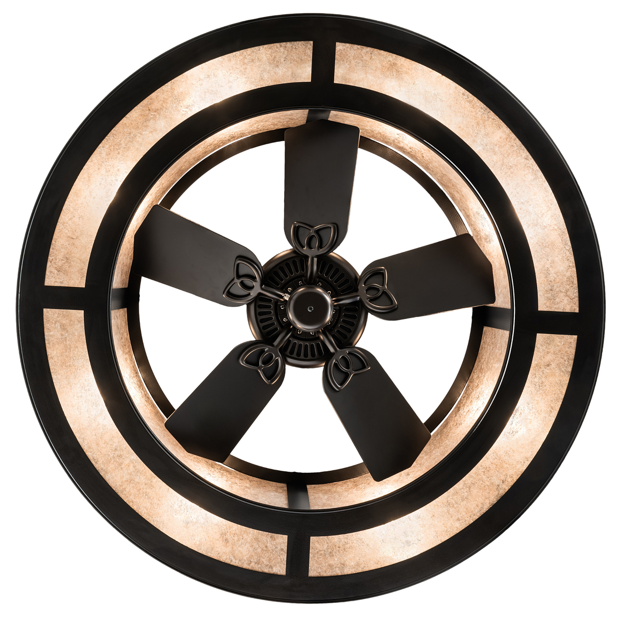 Bottom lit view revealing fan symmetry and radiant mica circle.
