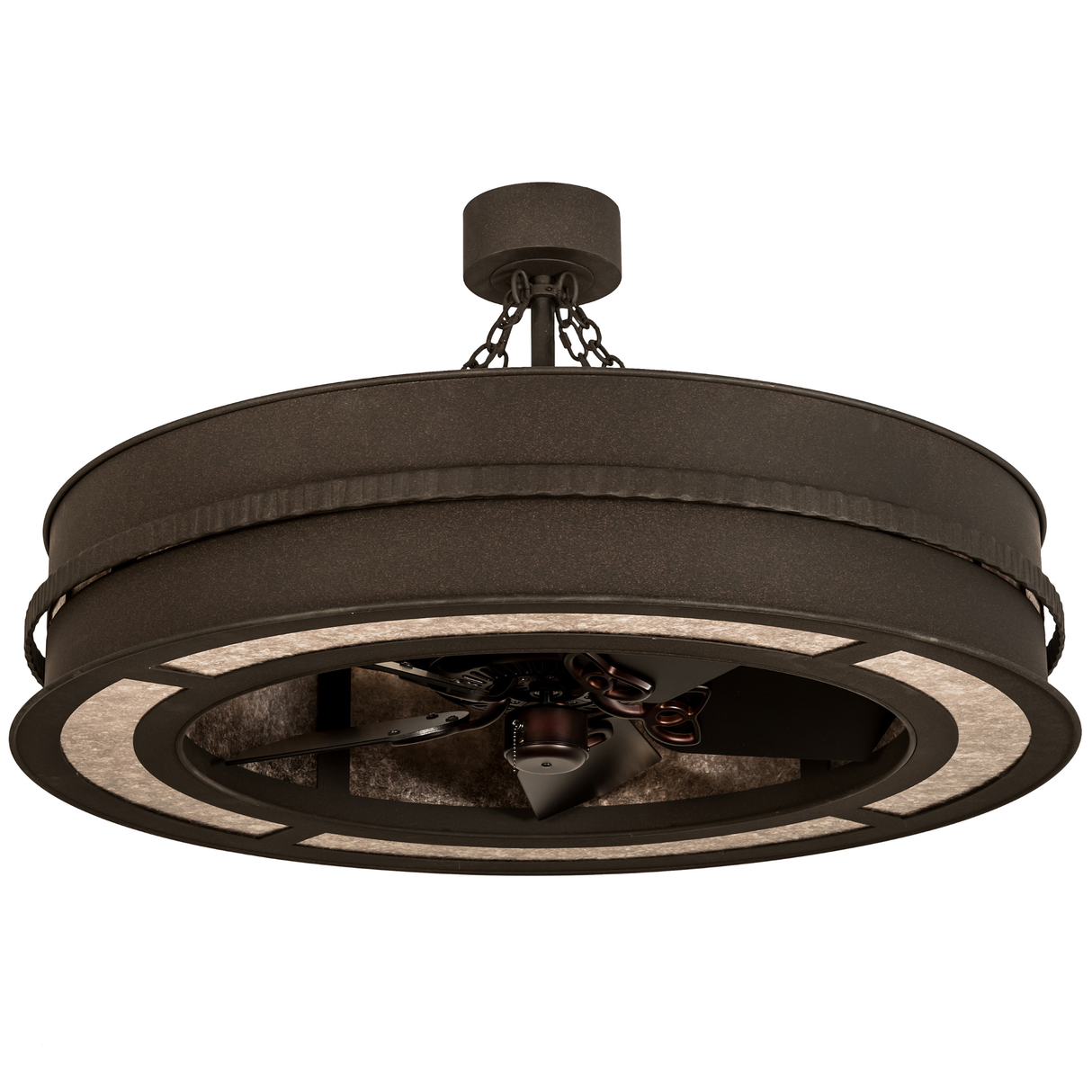 Unlit angled view showing forged metal band, mica panels, and integrated ceiling fan.