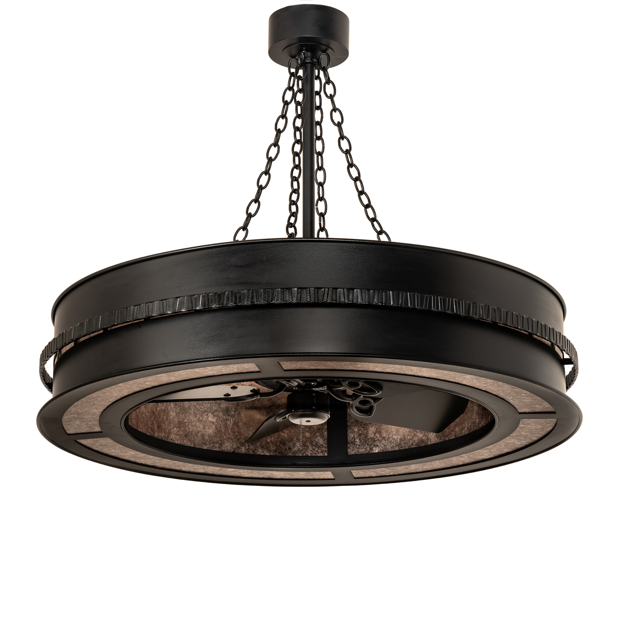 Unlit side angle showing hand-hammered iron frame and mica panels.