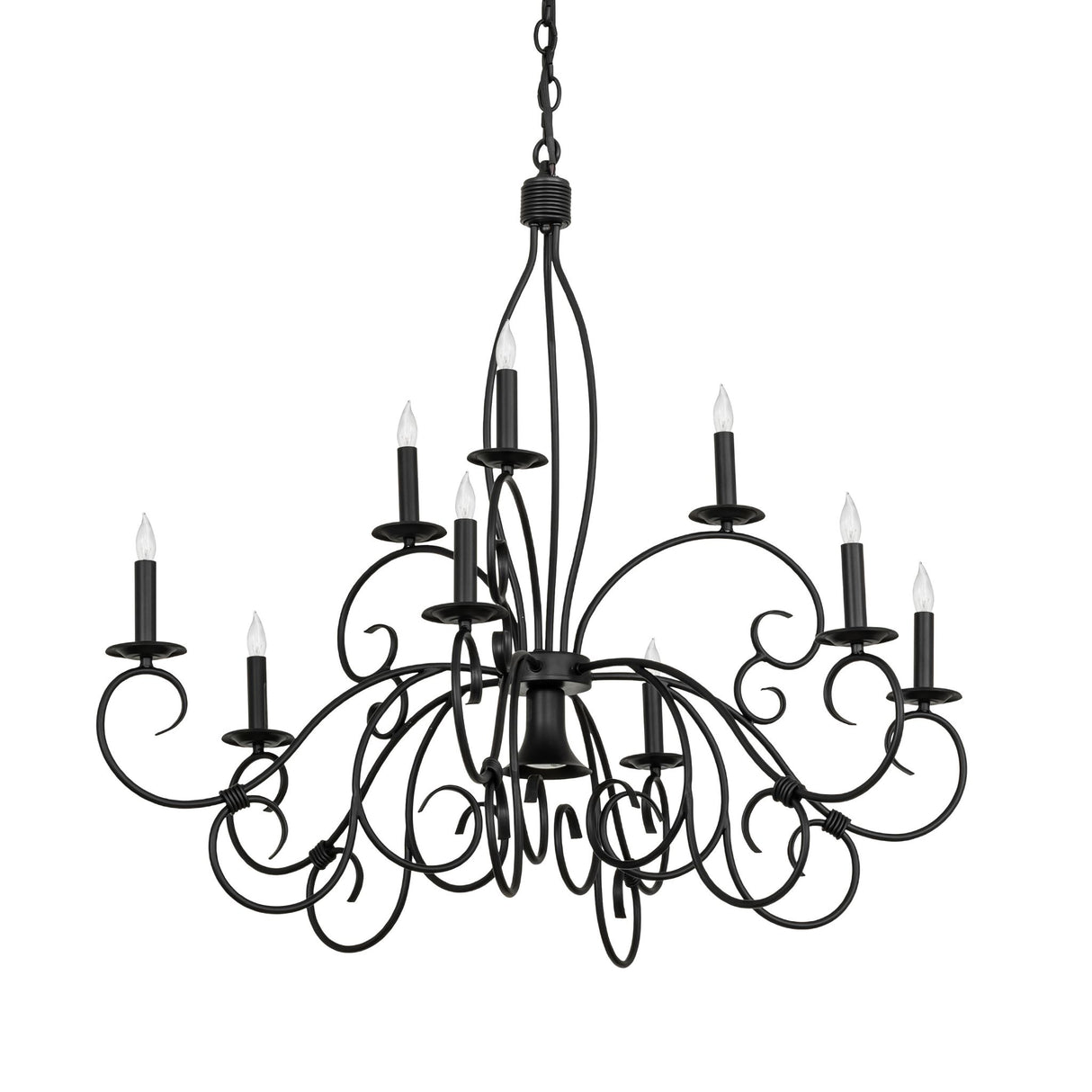 Unlit view of Grace chandelier with scrolled wrought iron arms.
