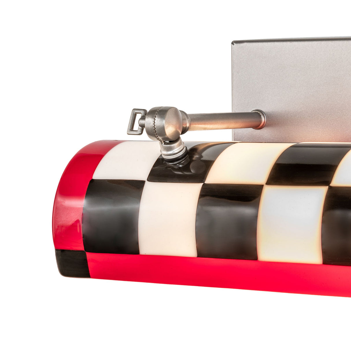 Close-up of the checkered glass pattern and red accents on the Grand Prix Picture Light Wall Sconce.