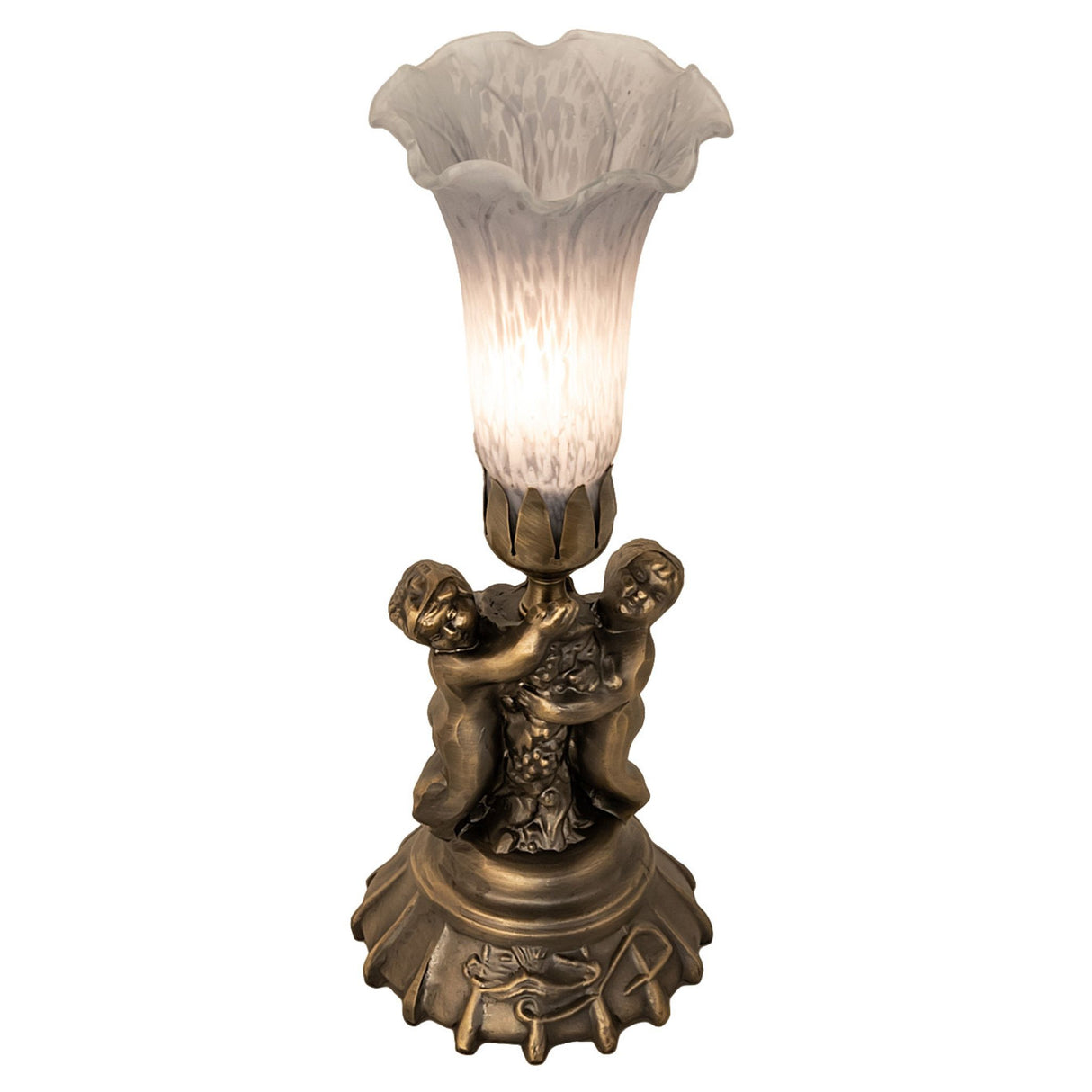 Gray pond lily twin cherub accent lamp with lit glass shade.