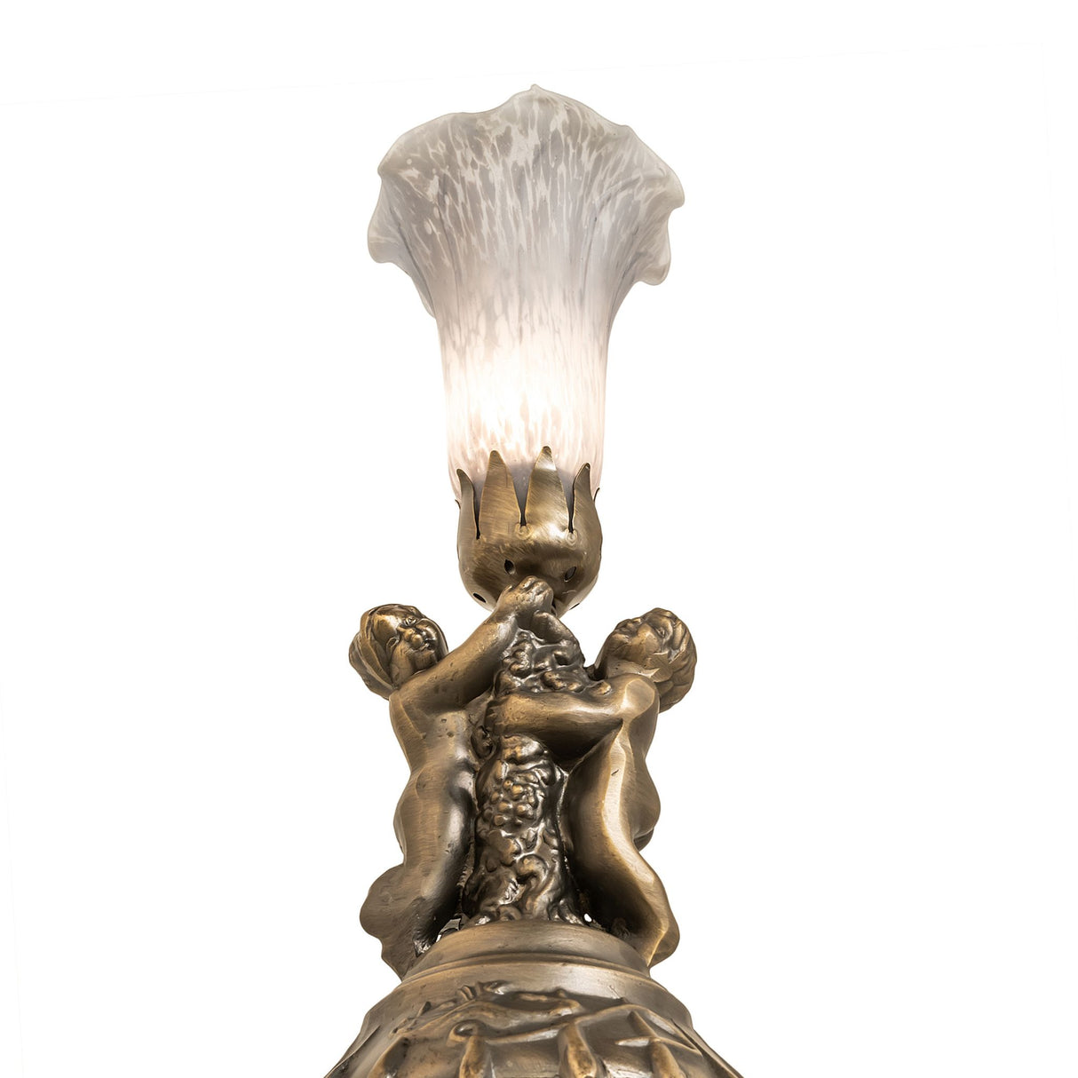 Bottom angle view of gray cherub accent lamp with fluted glass.
