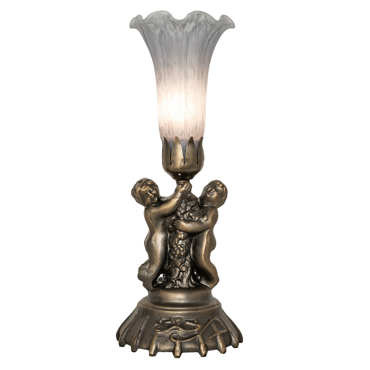 Front view of gray pond lily cherub accent lamp with lit shade.
