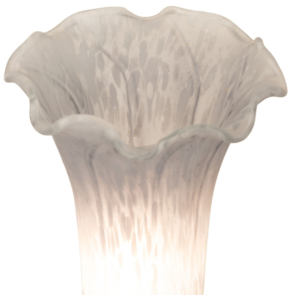 Close-up of flared gray glass lily shade with speckled texture.