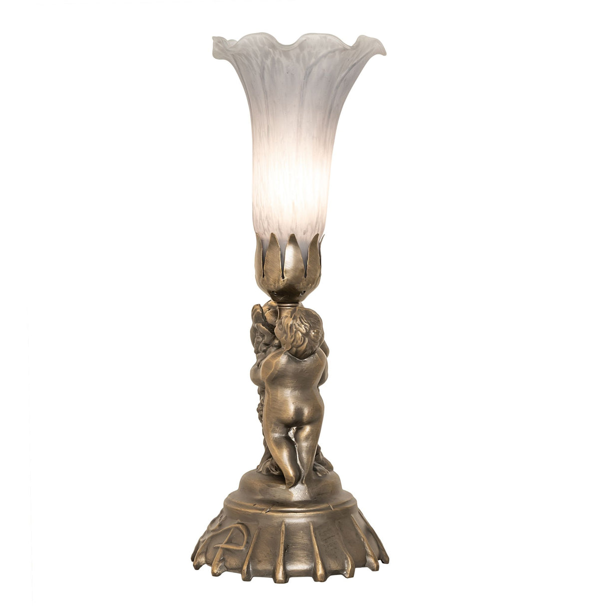 Side view of gray pond lily twin cherub accent table lamp.