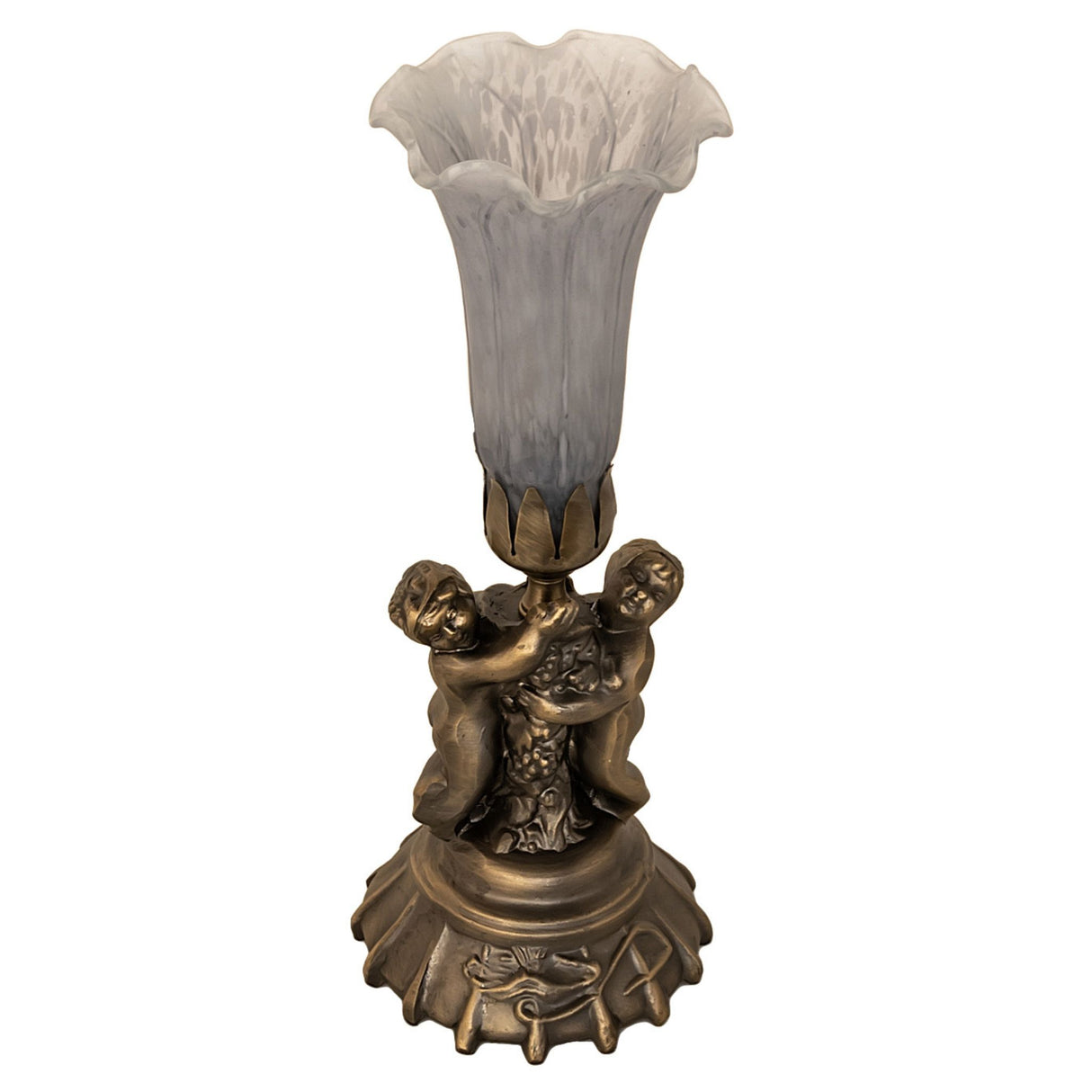Unlit gray pond lily twin cherub accent lamp with art glass.