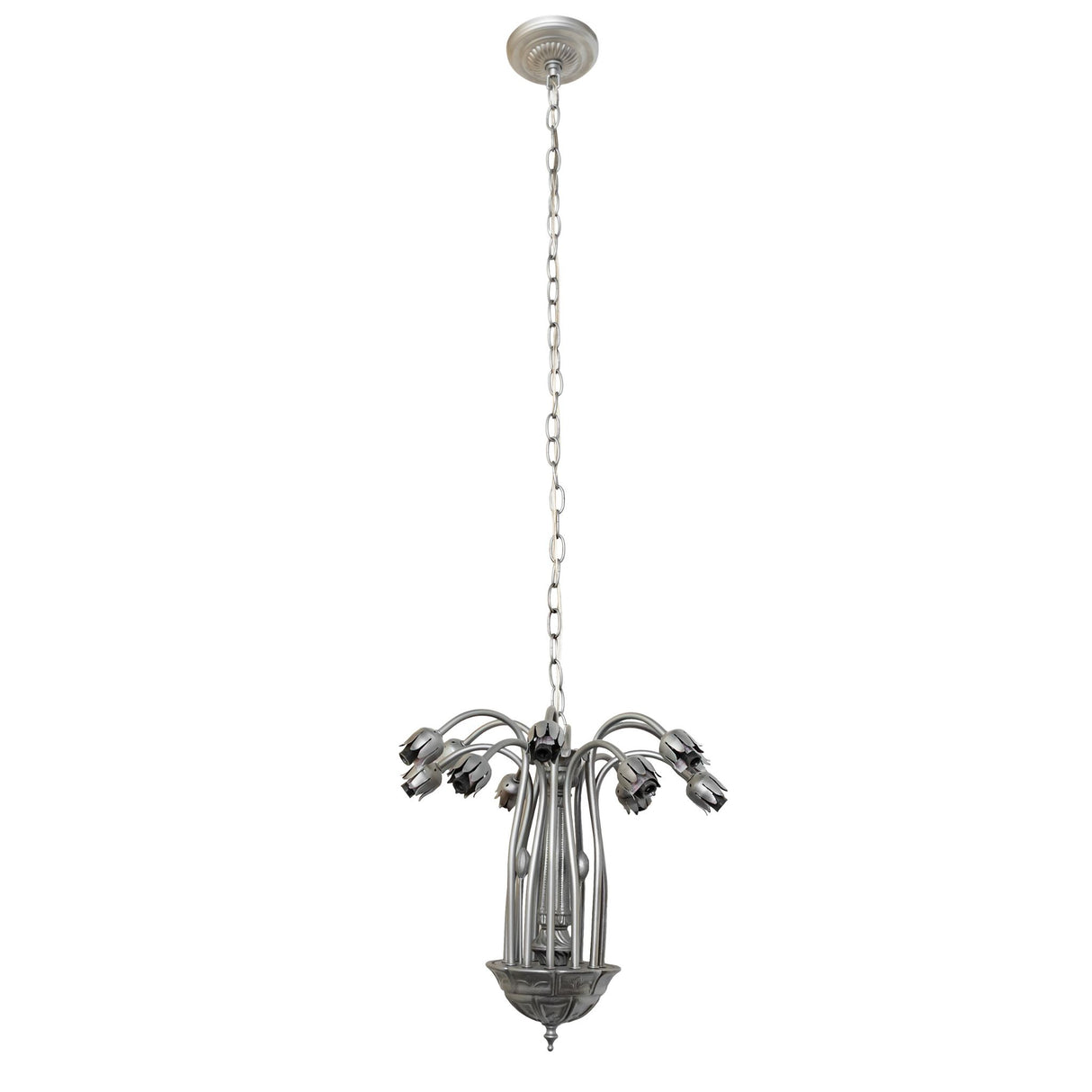 Full view of pond lily chandelier hardware shown without glass shades.
