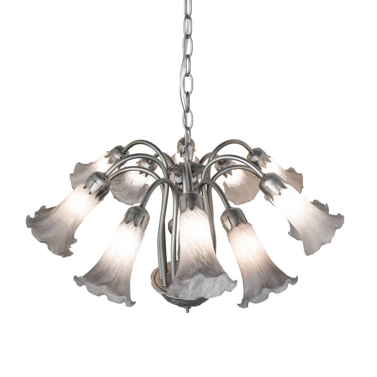 Top angle of pond lily chandelier showing curved arms and glass shades.