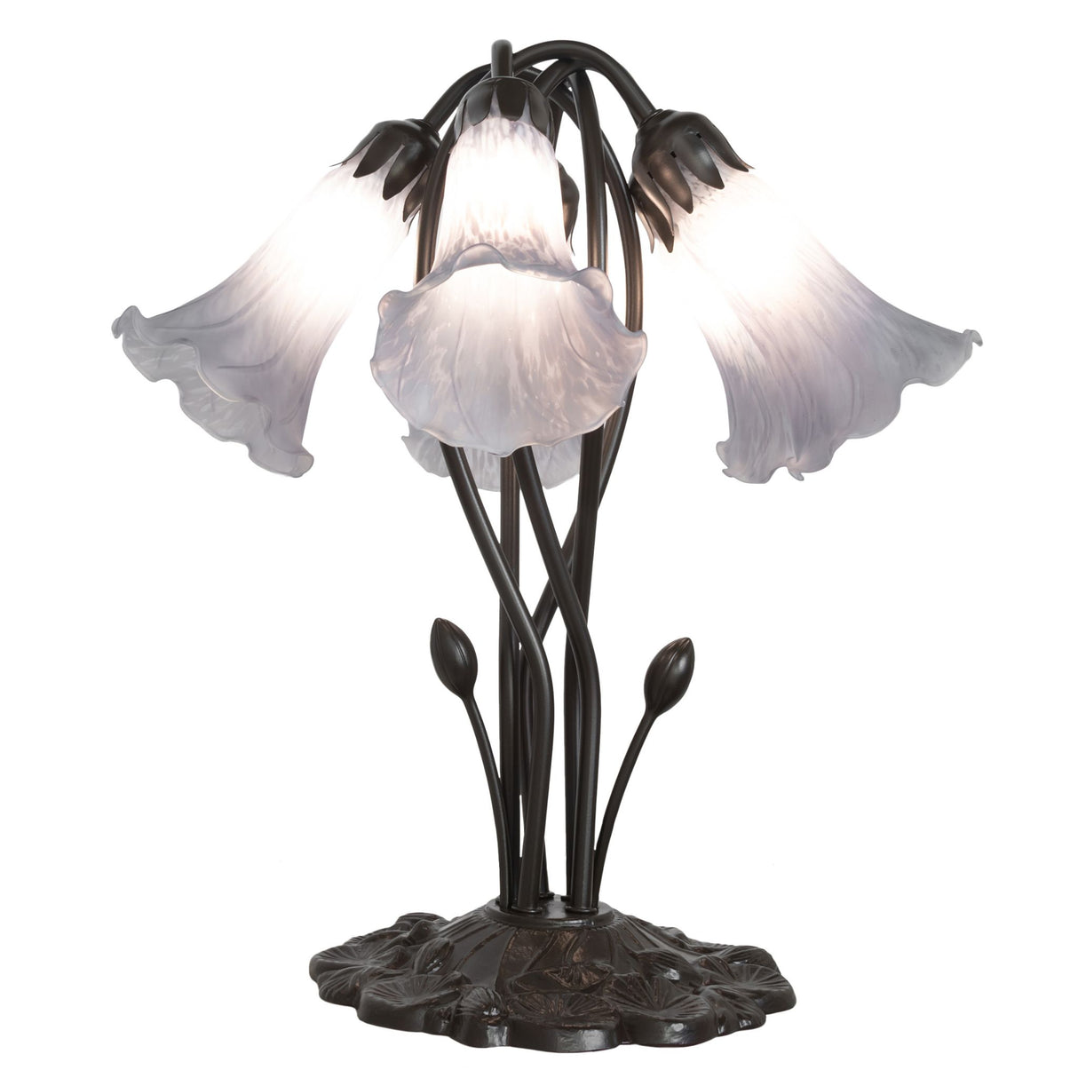 Artistic display of gray glass shades on the pond lily lamp.