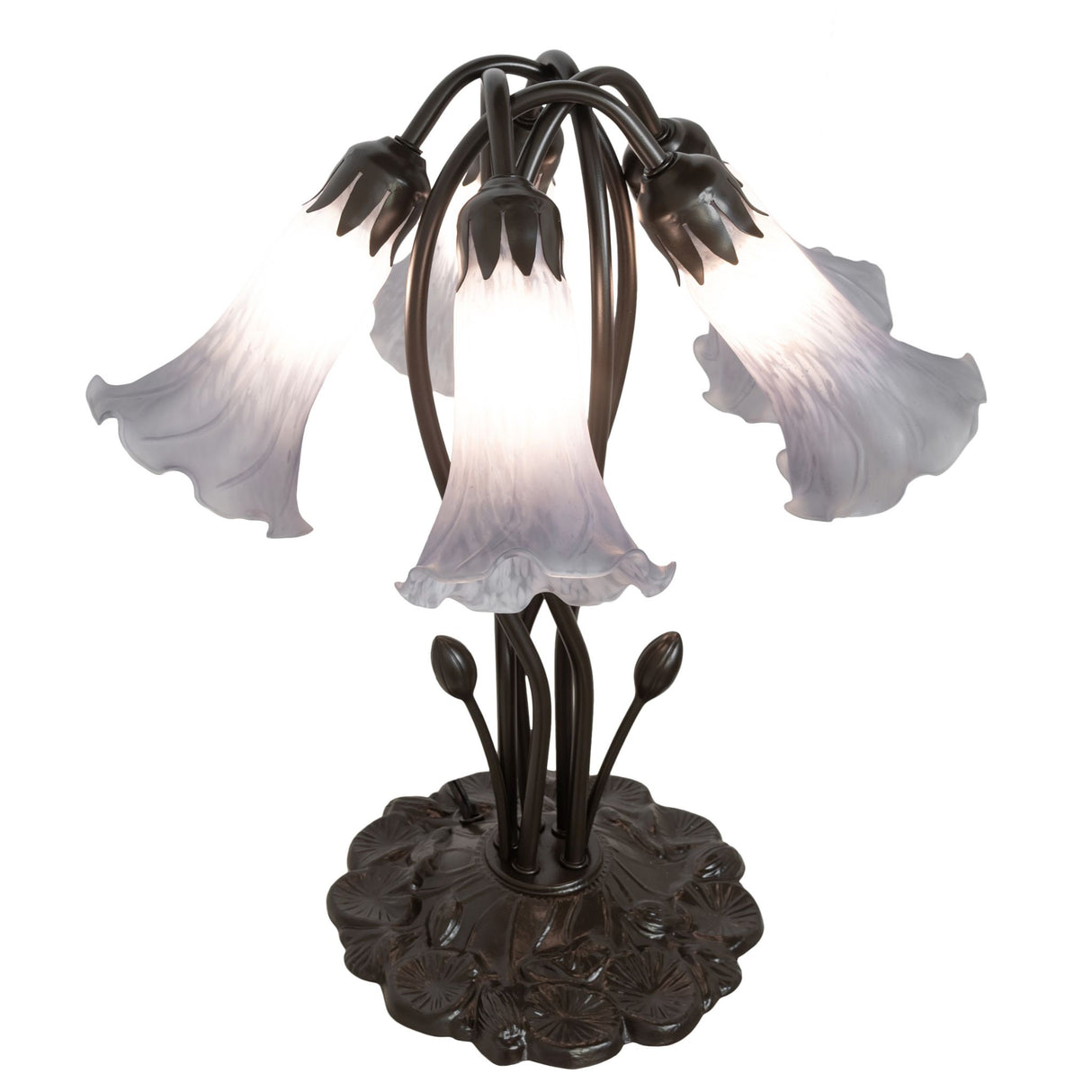 Gray tiffany pond lily lamp with glowing glass shades and intricate base design.