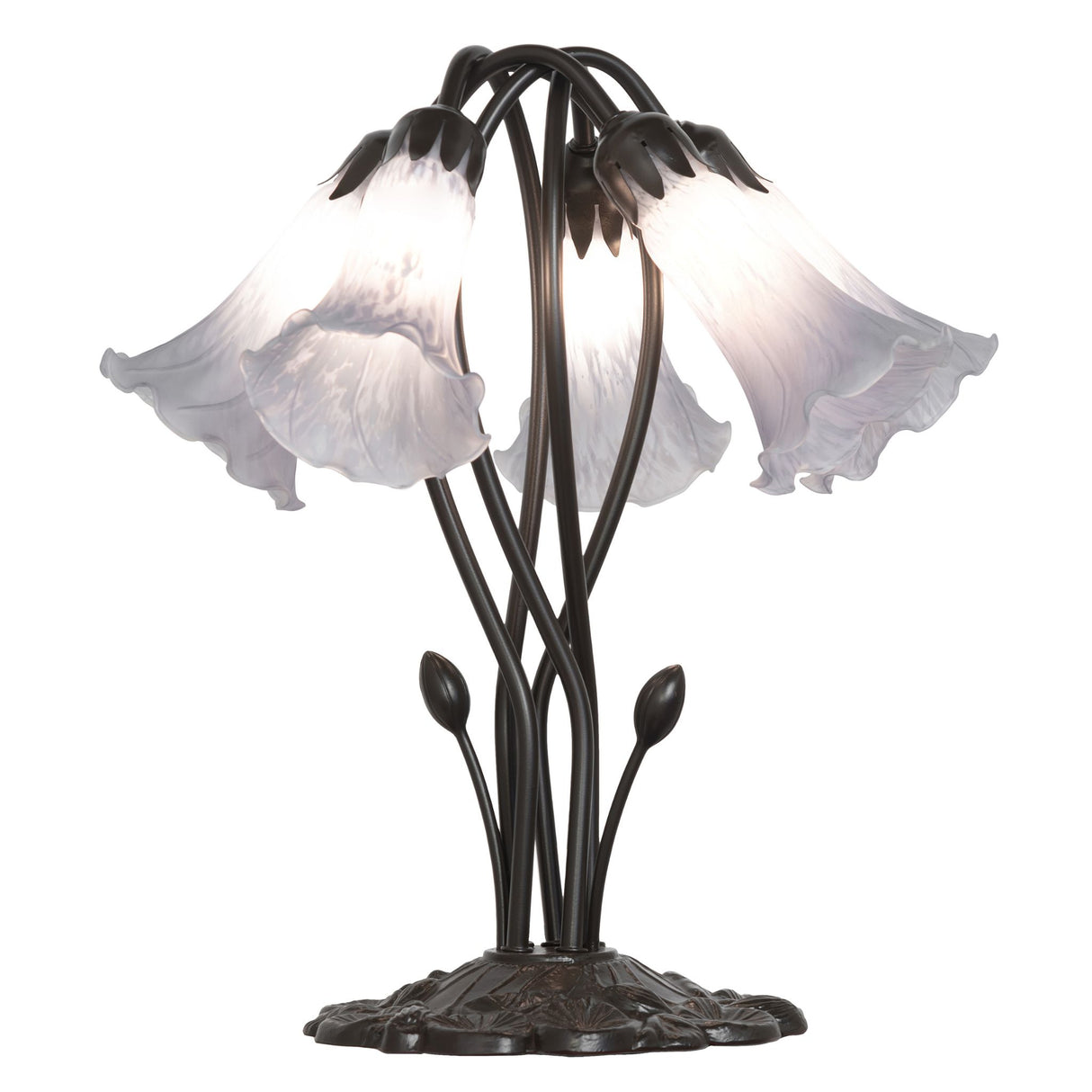 Gray tiffany pond lily lamp with five glowing lights.