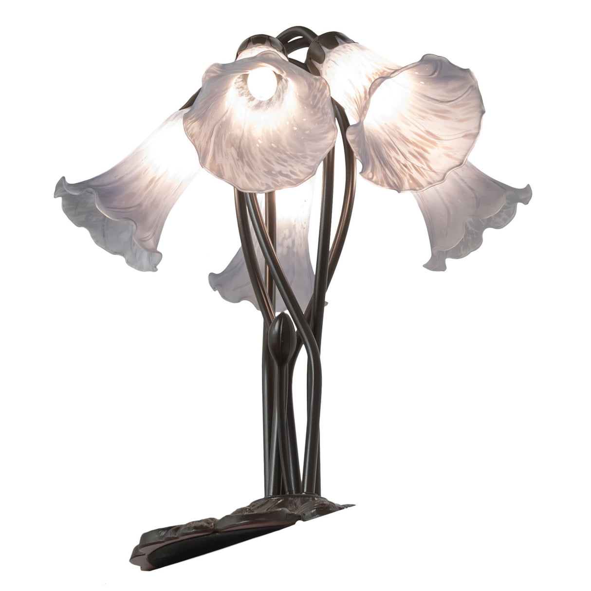 Overhead view of gray pond lily table lamp with intricate base.