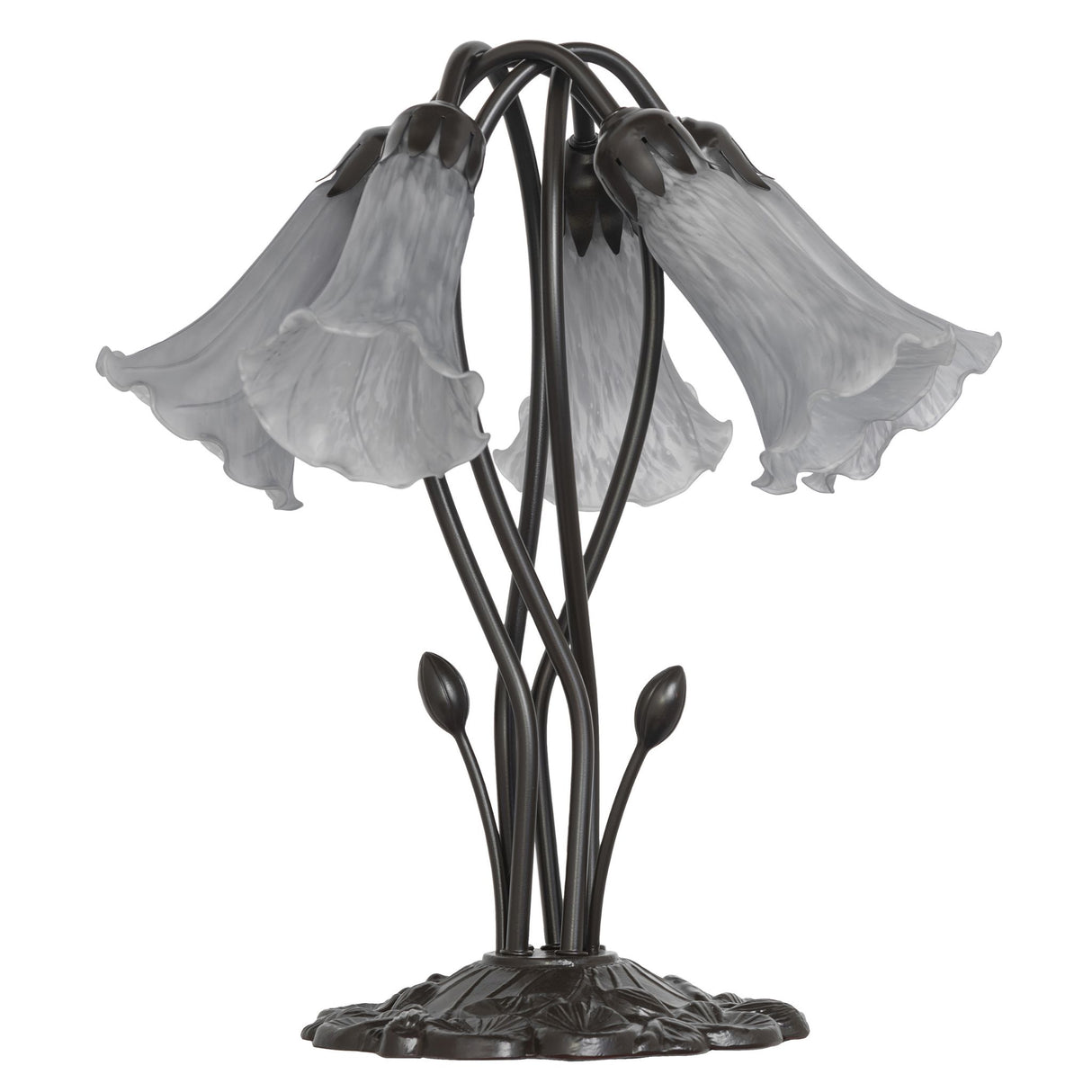 Side view of gray pond lily lamp showcasing curved stems.