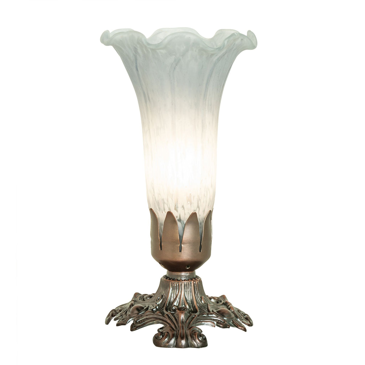 Front-facing view of the Gray Tiffany Pond Lily Accent Lamp with a Mahogany Bronze base.
