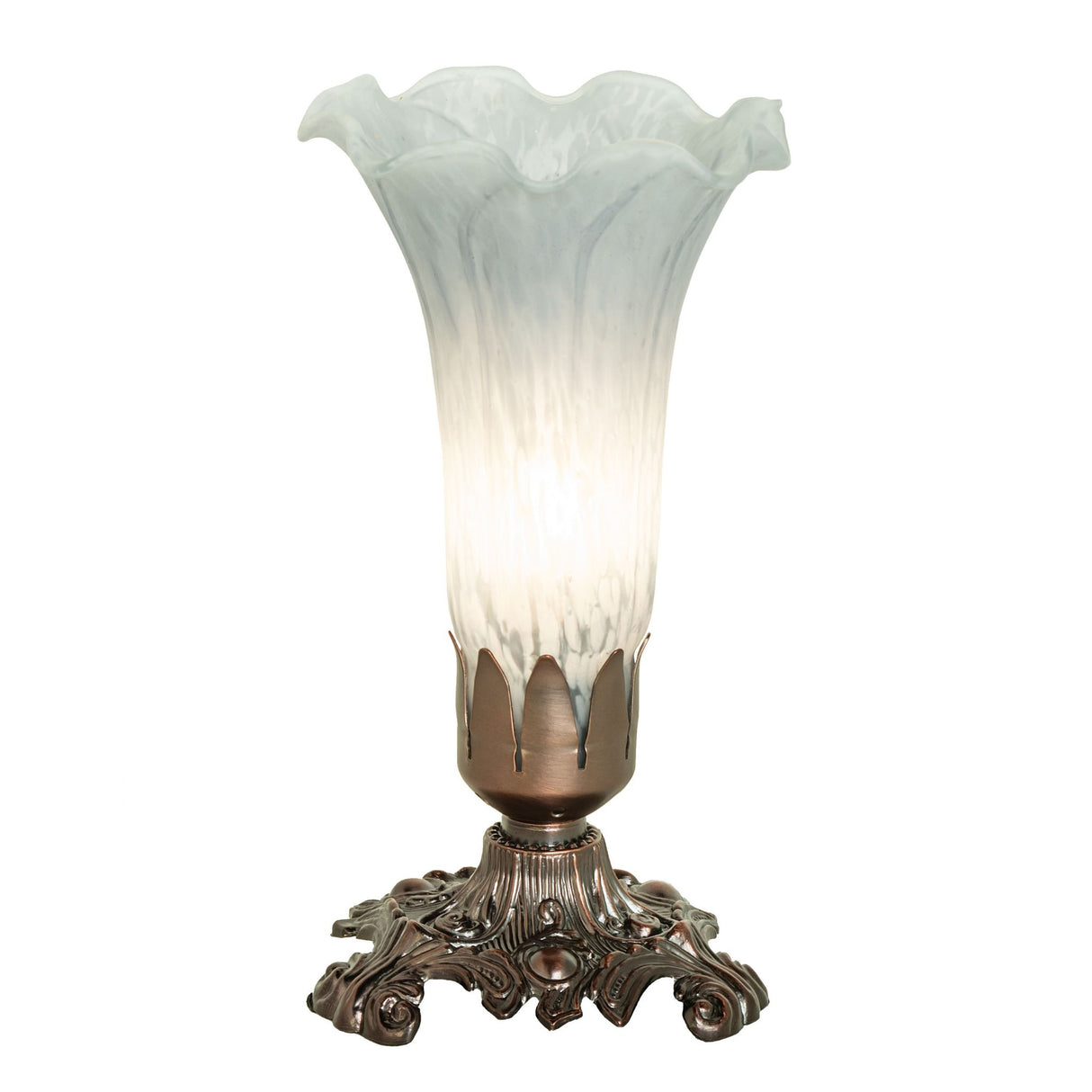 Illuminated Gray Tiffany Pond Lily Accent Lamp with a handcrafted Favrile glass shade.