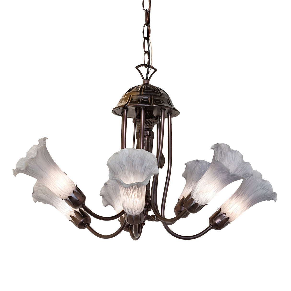 Gray Tiffany pond lily chandelier glowing brightly with light.