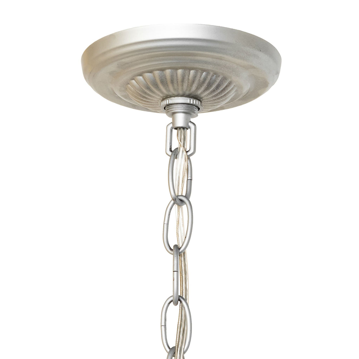 Ceiling canopy and chain detail of pond lily chandelier.