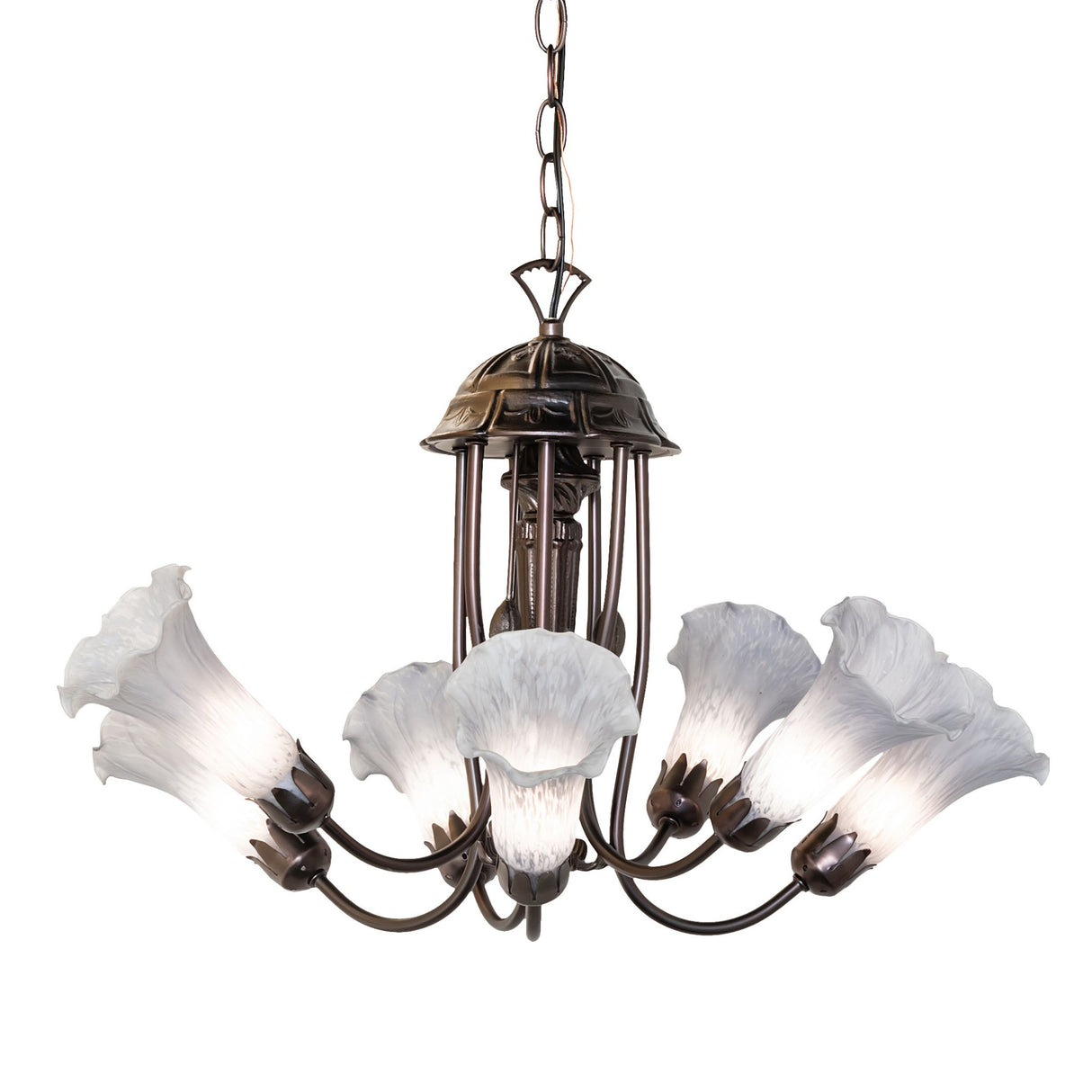 Fully lit view of the gray gray Tiffany pond lily chandelier.