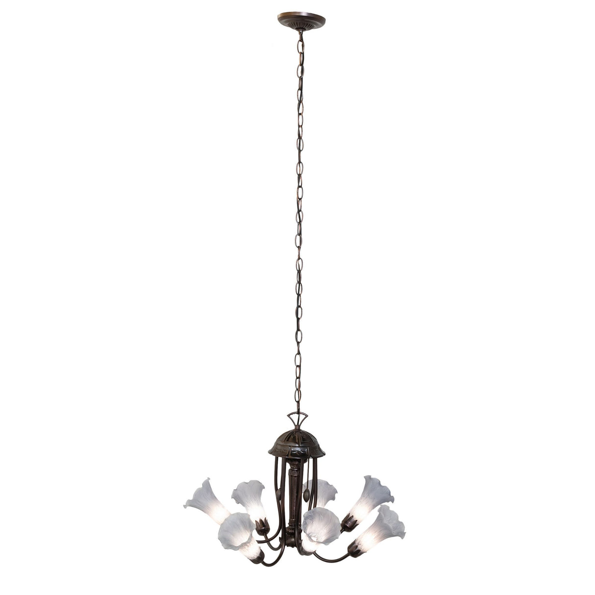 Full hanging view of the Tiffany pond lily chandelier with elegant gray shades.