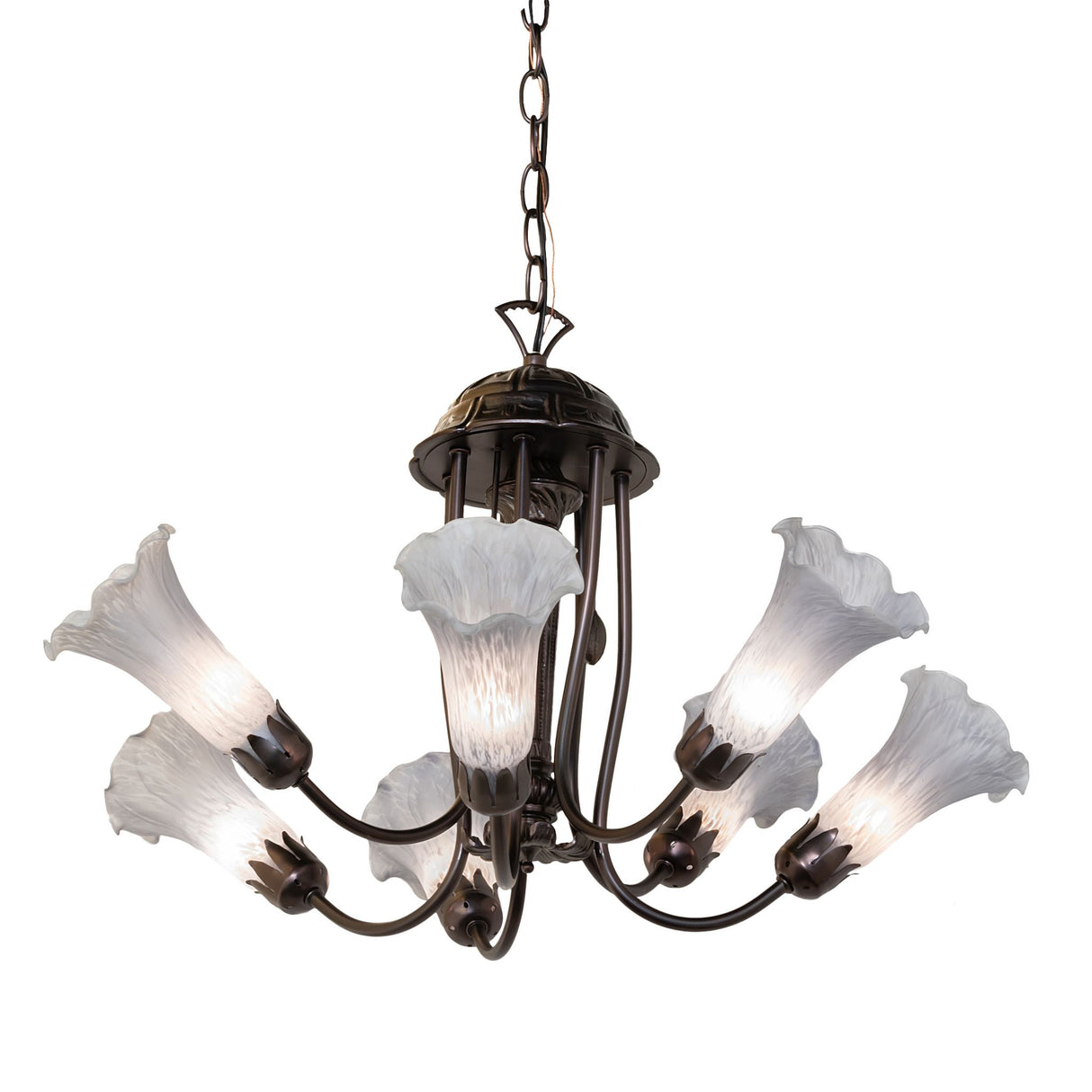 Side angle view of gray Tiffany pond lily chandelier with delicate glass shades.