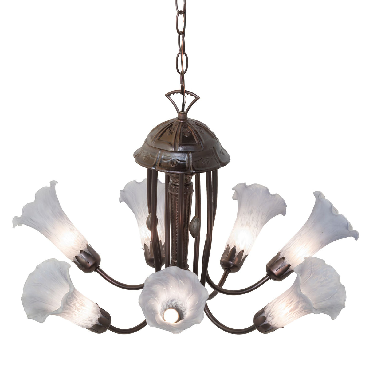 Side view of the gray Tiffany pond lily chandelier with glowing shades.