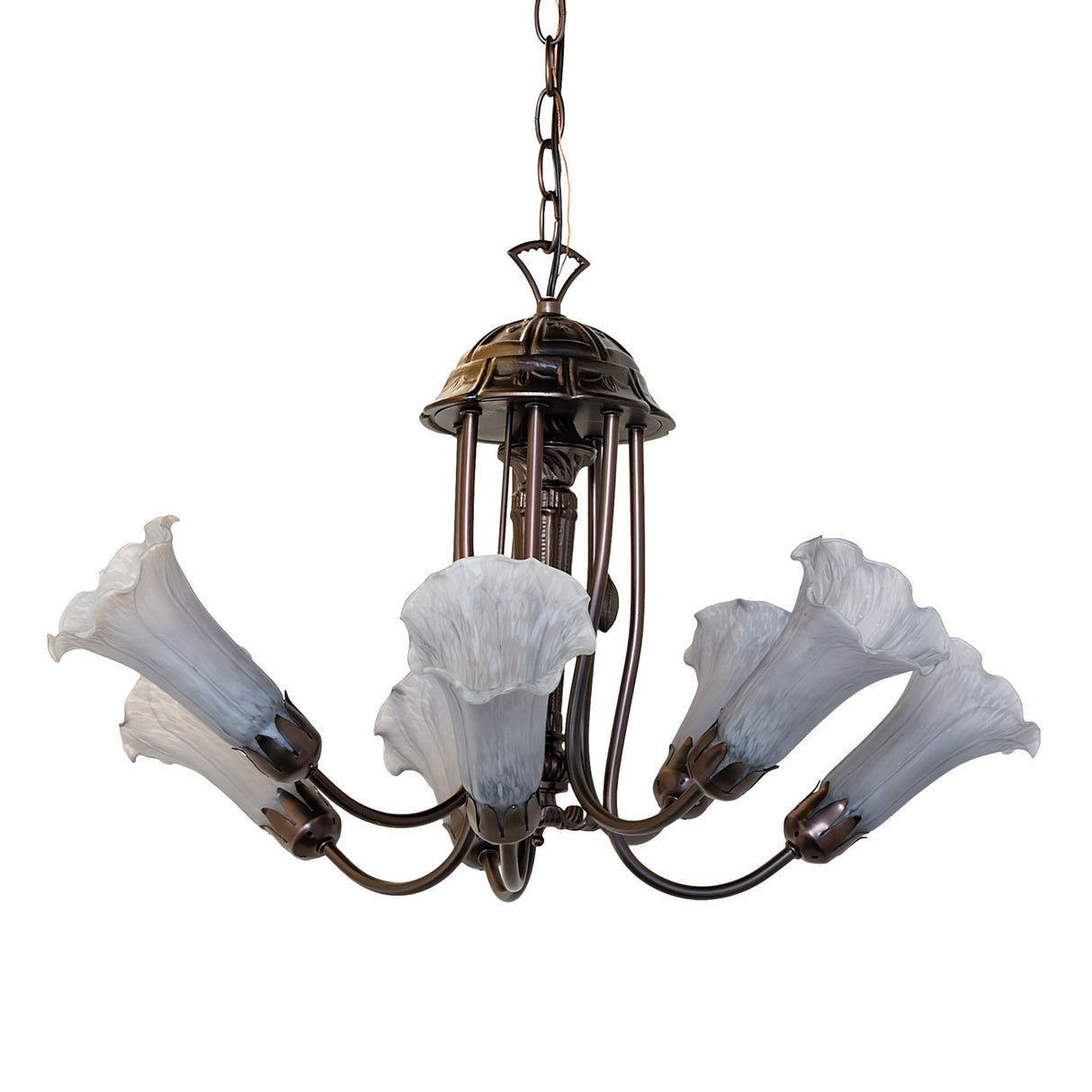 Gray Tiffany pond lily chandelier with unlit glass shades.