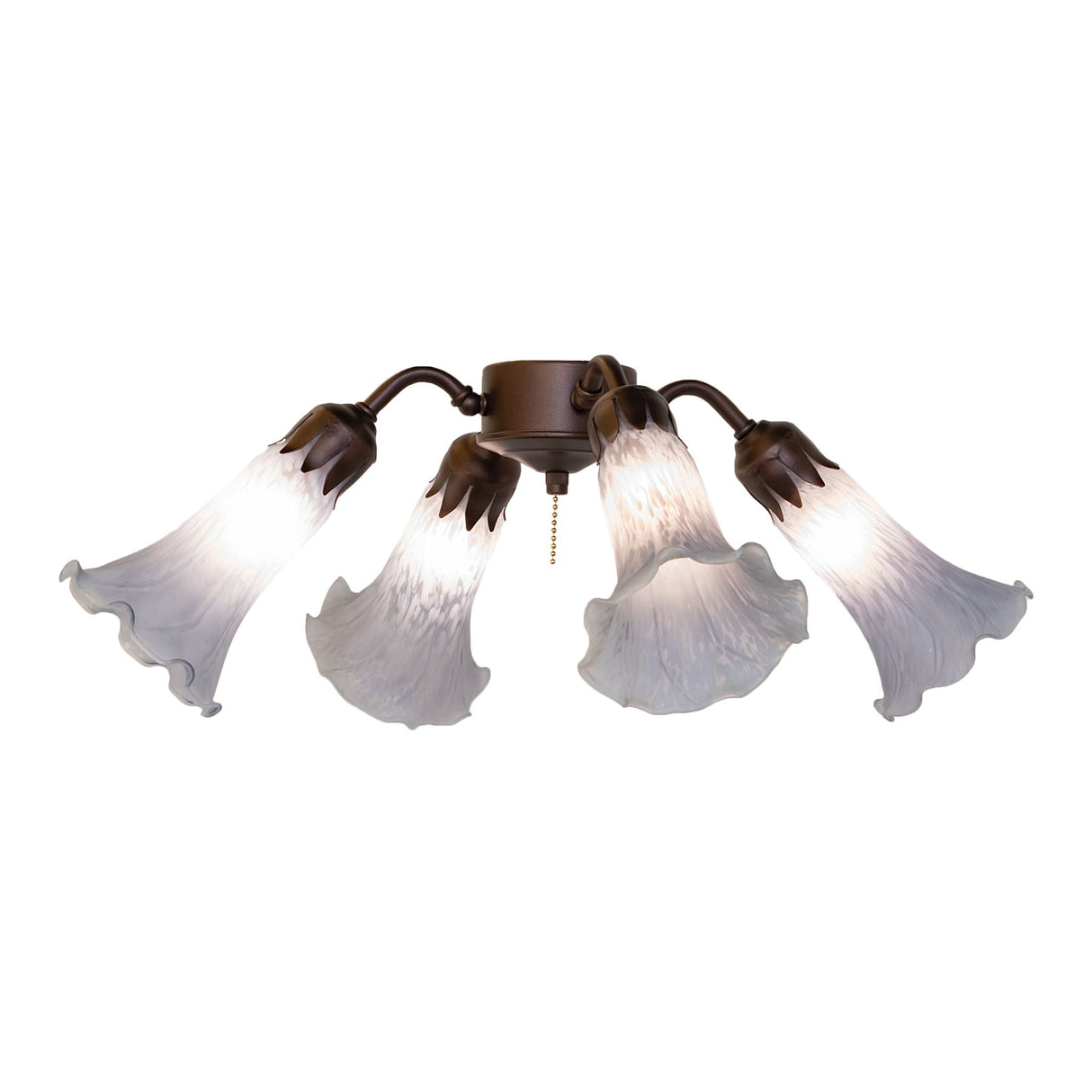 Gray Tiffany Pond Lily fan light with four lily-shaped glass shades and a Mahogany Bronze metal hub.