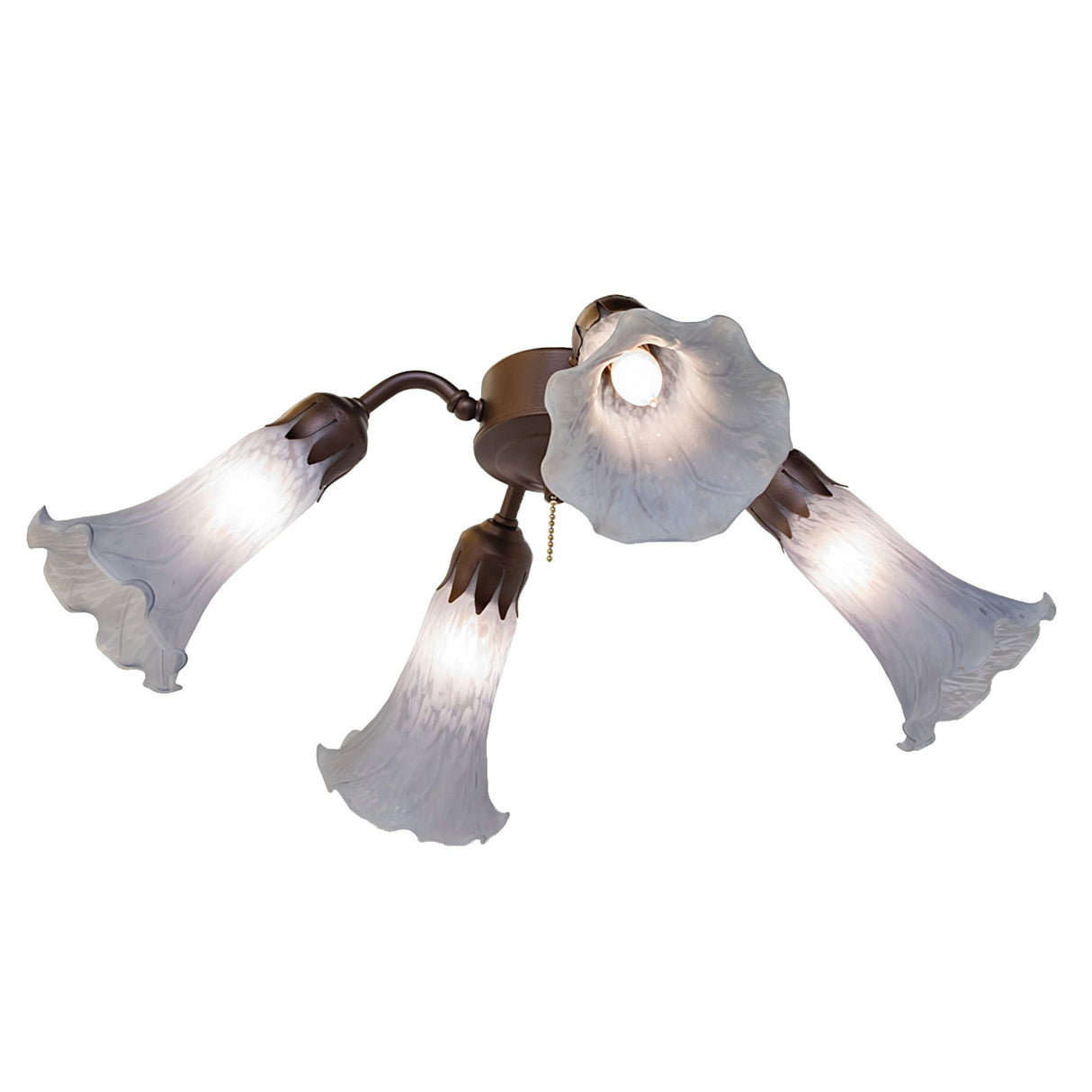 Bottom angle view of the Gray Tiffany Pond Lily fan light, Intricate floral glass shades.
