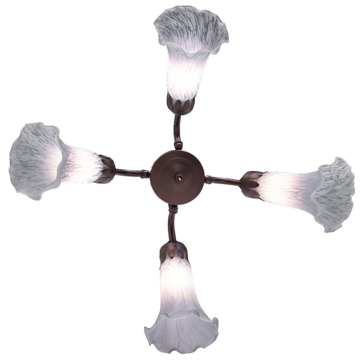 Bottom view of the Pond Lily fan light, displaying symmetrical design and beautifully crafted glass shades.