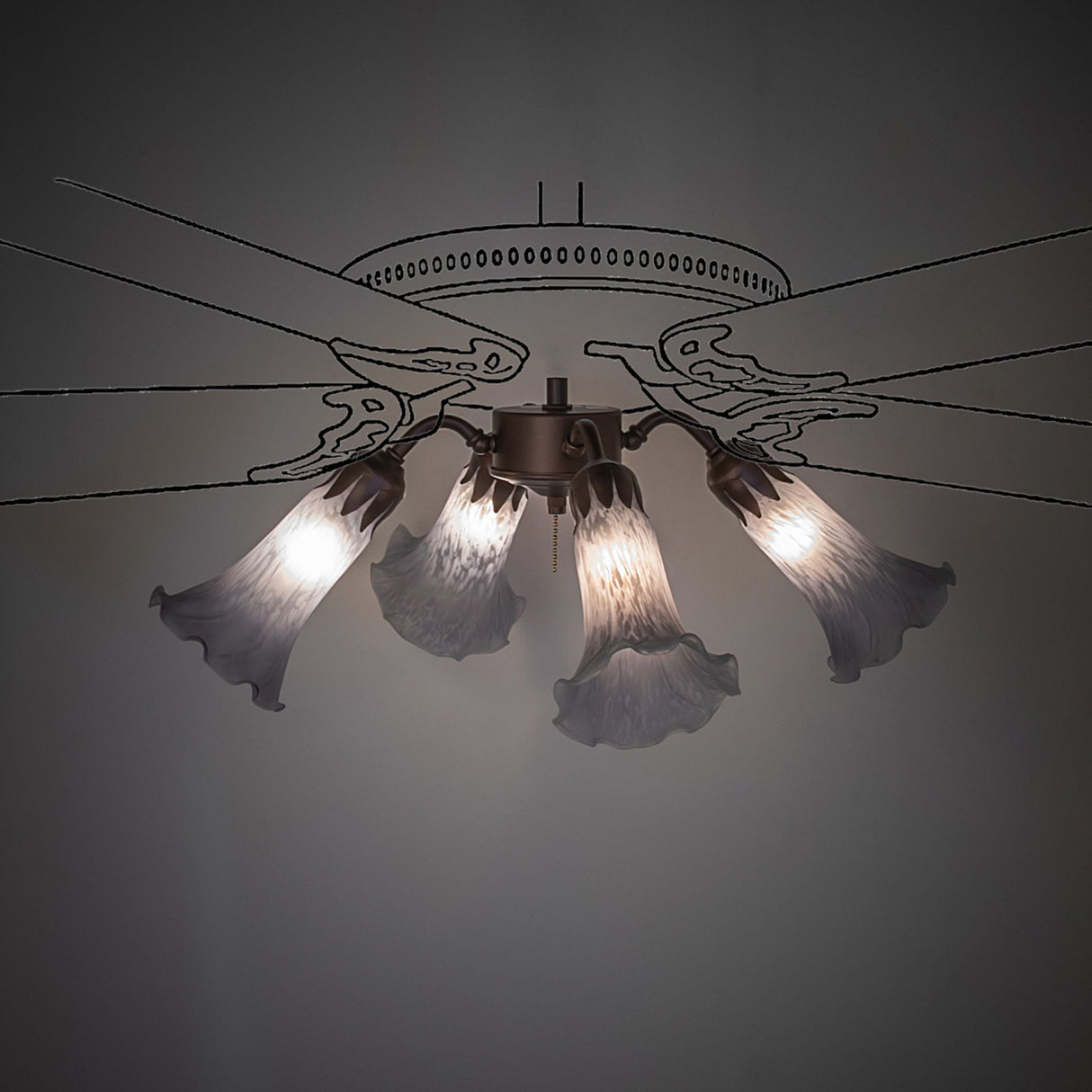 Illuminated view of Gray Tiffany Pond Lily fan light, showcasing soft lighting and intricate glass detailing.