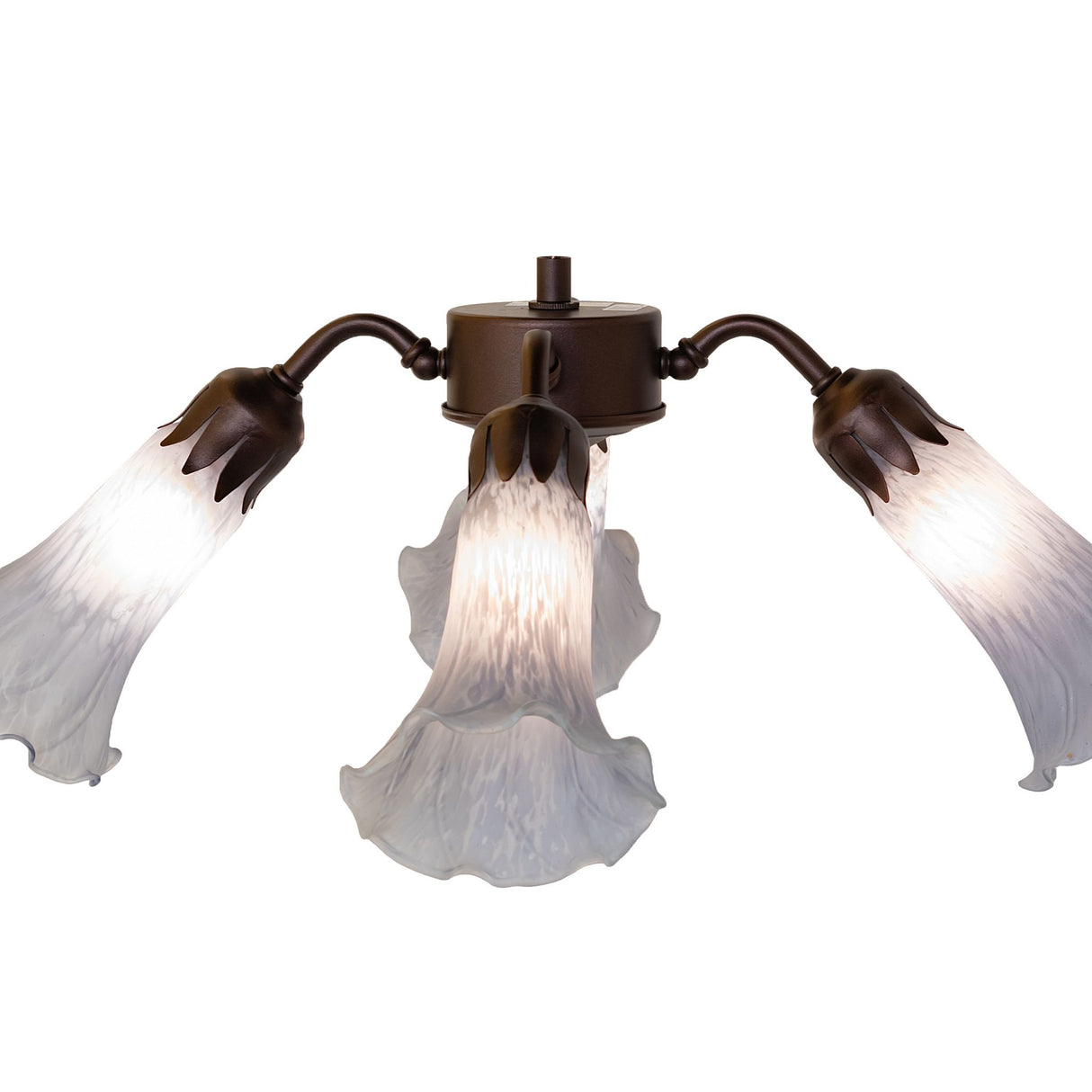 Side view of the Gray Tiffany Pond Lily fan light, Mahogany Bronze hardware and artistic glass shades.