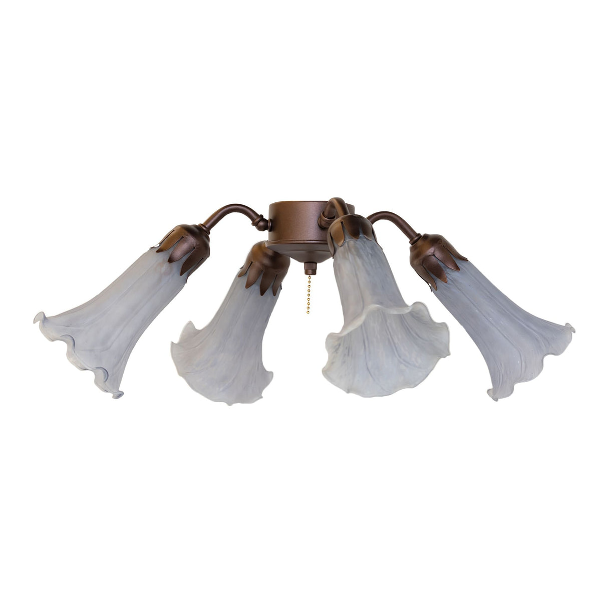 Unlit Gray Tiffany Pond Lily fan light with four elegant lily-shaped glass shades in a vintage-inspired design.