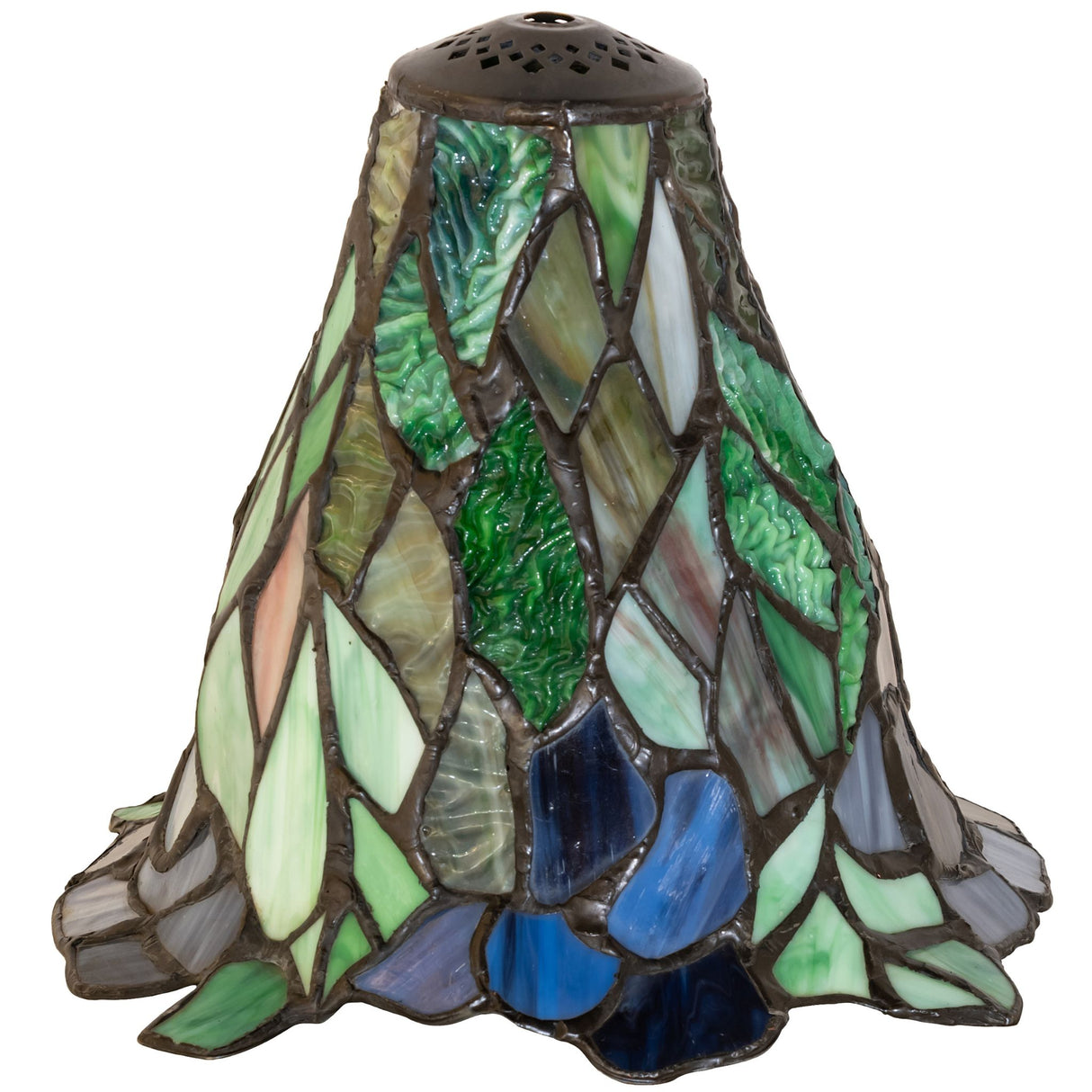 Unlit view of the Tiffany-inspired waterlily shade with green and blue glass details.