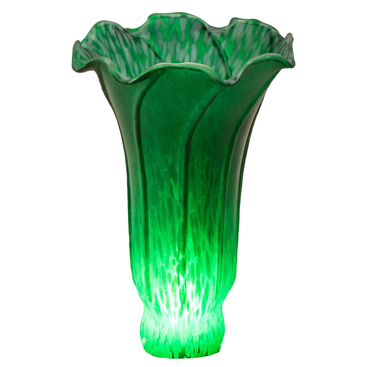 Glowing emerald green pond lily shade, front view, highlighting its vibrant art glass design.