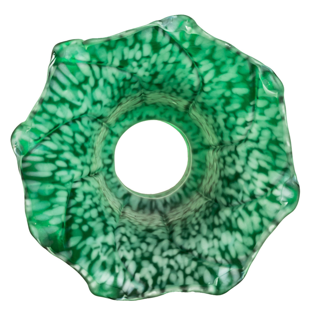 Top view of the green pond lily shade, emphasizing the mottled Favrile-style glass pattern.