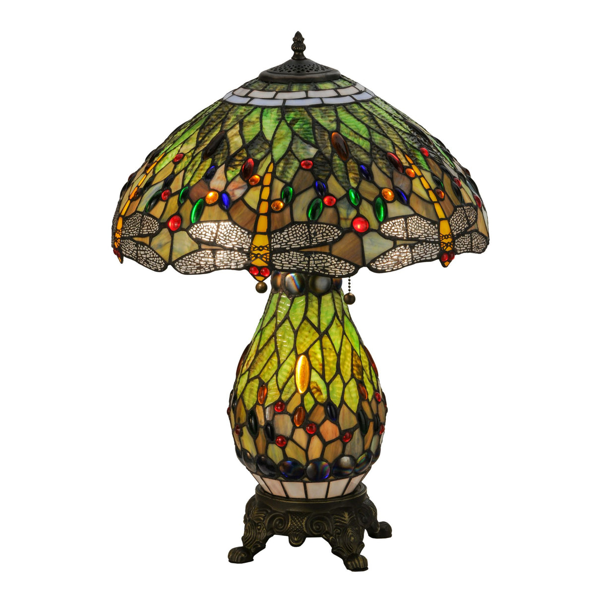 Green Tiffany lamp with dragonfly and colorful accents.