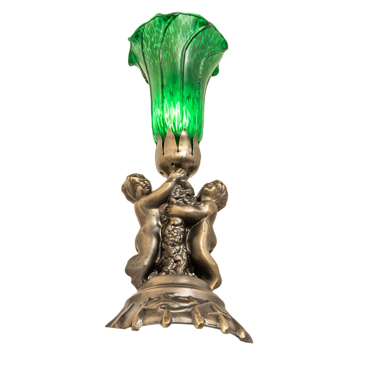 Angled view of the Green Tiffany Pond Lily twin cherub lamp with artistic stems and shade.
