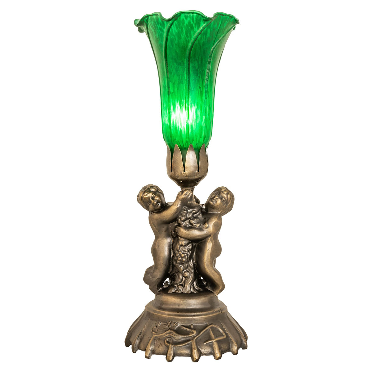 Front view of the Green Tiffany Pond Lily accent lamp featuring twin cherub base design.