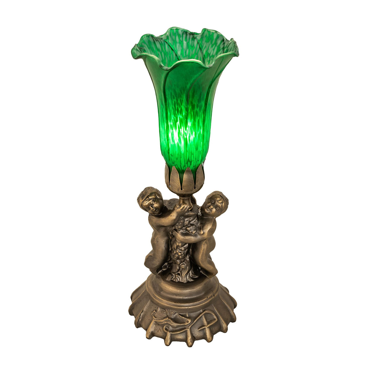Green Tiffany Pond Lily twin cherub lamp with antique brass finish.