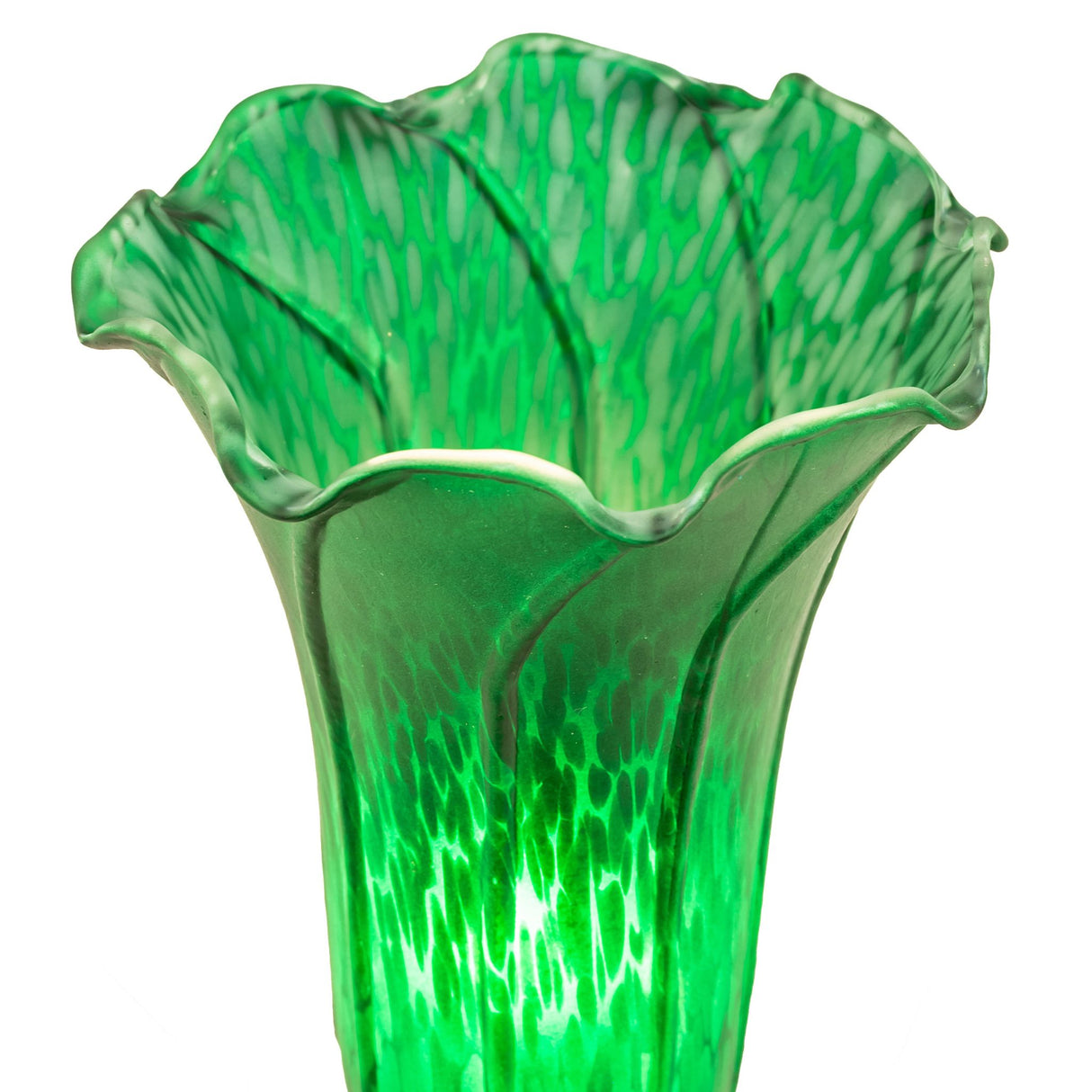 Closeup of the Green Tiffany Pond Lily lamp’s mouth-blown glass shade.