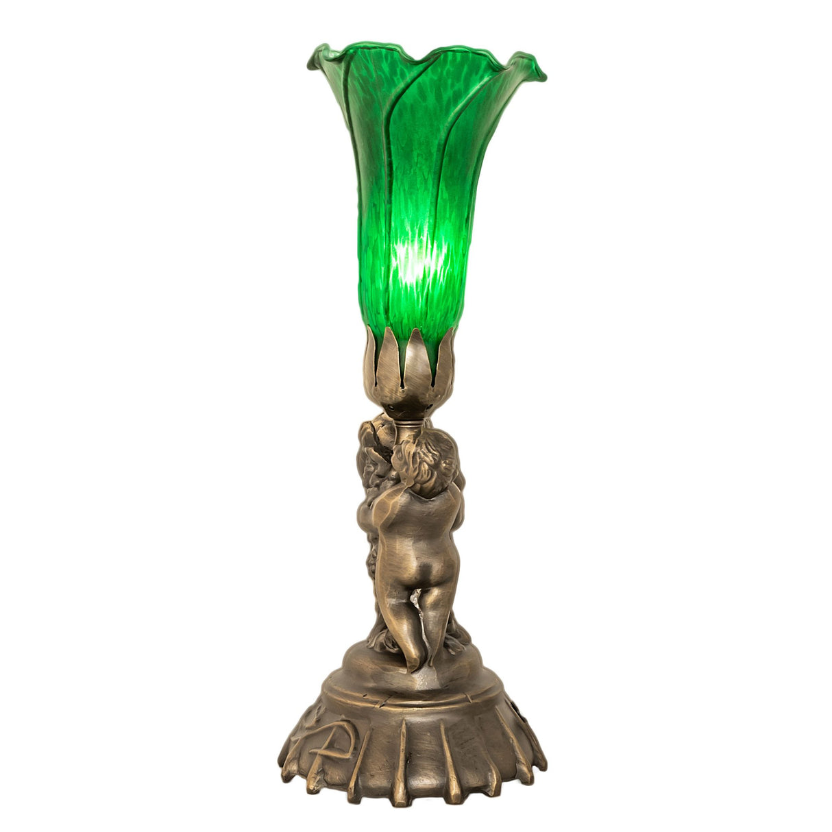 Side view of the Green Tiffany Pond Lily lamp showcasing detailed cherub base and shade.