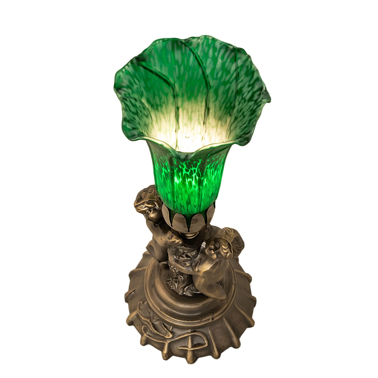 Top view of the Green Tiffany Pond Lily lamp focusing on the shade and stem arrangement.