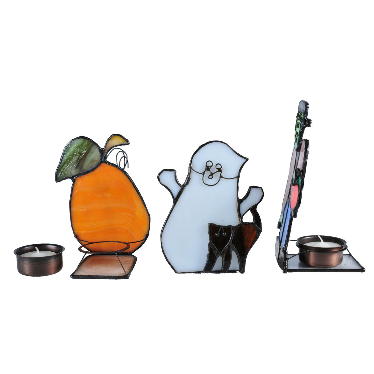 Angled view of Halloween stained glass tea light set with three festive characters.