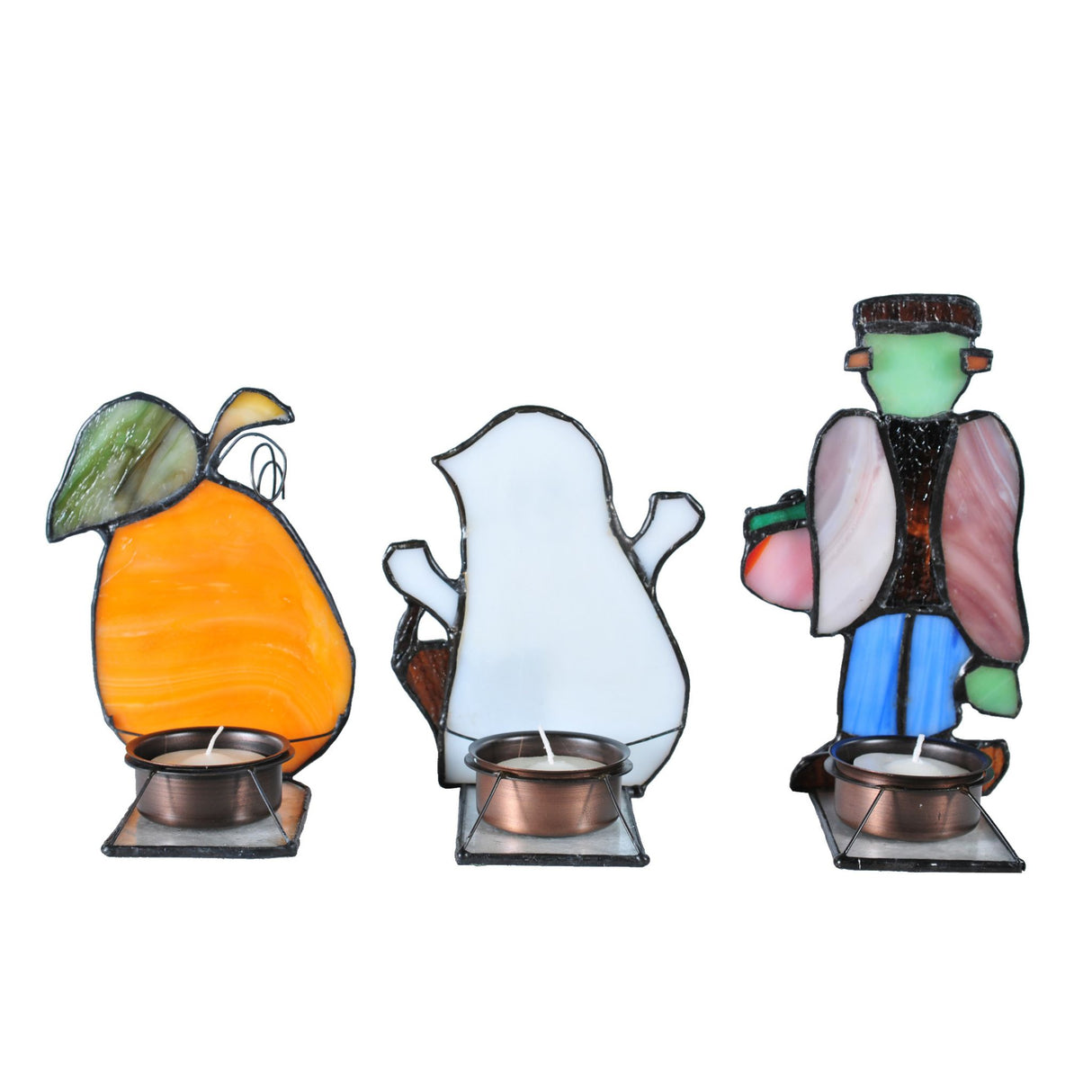 Back view of stained glass pumpkin, ghost, and Frankenstein tea lights.