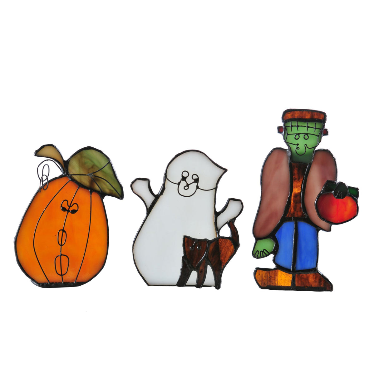 Front view of 3-piece Halloween tea light set with pumpkin, ghost, and Frankenstein figures.